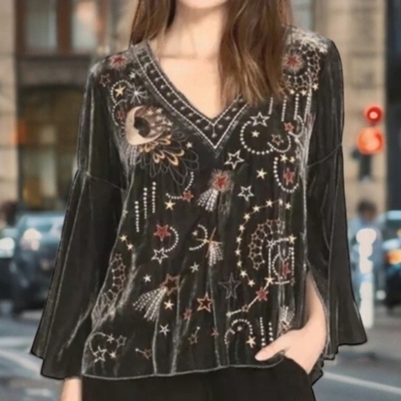 Johnny Was Black Top with Colorful Embroidery - Picture 2 of 7